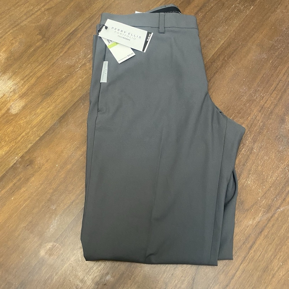 Perry Ellis Portfolio 30x30 Men's Pleated Pants Gray Poly Asphalt NWT